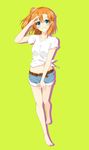  bad_id bad_pixiv_id bare_legs barefoot belt blue_eyes denim denim_shorts green_background kousaka_honoka love_live! love_live!_school_idol_project midriff one_side_up orange_hair shiina_kuro shirt shorts solo tied_shirt 