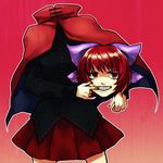  1girl cape disembodied_head gradient gradient_background grin hair_ribbon highres huyukai_higeta long_sleeves mouth_pull red_background red_eyes red_hair ribbon sekibanki shirt short_hair skirt smile solo touhou 