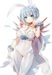  animal_ears artist_name bad_id bad_pixiv_id blue_eyes blush bodysuit breasts bunny_ears cleavage gloves large_breasts looking_at_viewer original silver_hair simple_background skin_tight smile solo sukja white_background wide_hips 