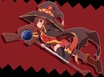  bandaged_leg bandages black_legwear blush boots brown_hair cape fingerless_gloves gloves hat highres kono_subarashii_sekai_ni_shukufuku_wo! long_sleeves looking_at_viewer megumin nekokan-nekokan open_mouth red_eyes short_hair solo staff thighhighs wide_sleeves witch_hat 