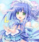  1girl :d ahoge anniversary blue blue_background blue_bow blue_hair blue_scrunchie bow bowtie breasts cleavage copyright_name flower flower_knight_girl green_eyes hair_bow hair_ornament hair_over_shoulder hair_scrunchie hat higa_yukari long_hair looking_at_viewer open_mouth scrunchie shabonsou_(flower_knight_girl) smile solo striped striped_bow twintails upper_body wrist_cuffs x_hair_ornament 