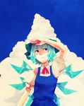  arm_up blue_dress blue_eyes blue_hair blue_sky cirno clenched_teeth cloud day dress hair_ribbon hand_on_forehead highres huyukai_higeta ice ice_wings looking_up puffy_sleeves ribbon short_hair short_sleeves sky solo sweat teeth touhou upper_body wings 