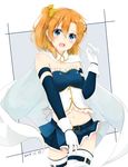  bad_id bad_pixiv_id blue_eyes blush cape cosplay gloves kousaka_honoka love_live! love_live!_school_idol_project mahou_shoujo_madoka_magica midriff miki_sayaka miki_sayaka_(cosplay) one_side_up orange_hair shiina_kuro skirt solo thighhighs 