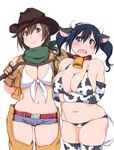  animal_costume animal_ears animal_print bell bell_collar belt bikini blue_eyes blue_hair blush breasts brown_eyes brown_gloves brown_hair cleavage collar cow_bell cow_costume cow_ears cow_girl cow_horns cow_print cow_tail cowboy_hat crossed_arms detached_sleeves fingerless_gloves gloves green_scarf hair_between_eyes hair_ribbon hat hiryuu_(kantai_collection) horns kantai_collection kuronyan large_breasts long_hair looking_at_viewer midriff multiple_girls navel open_mouth plump ribbon rope scarf short_hair short_shorts shorts simple_background sleeveless smile souryuu_(kantai_collection) swimsuit tail thighhighs twintails vest western white_background 