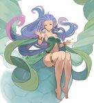  armpits ass bad_id bad_twitter_id barefoot bottomless bracelet breasts granblue_fantasy hanarito jewelry looking_at_viewer medium_breasts navel pointy_ears purple_hair sitting solo thigh_strap tiamat_(granblue_fantasy) 