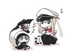  album_cover bikini_top black_gloves black_legwear blush_stickers capelet cd_case chibi cloak commentary cover eighth_note gloves goma_(gomasamune) graf_zeppelin_(kantai_collection) grey_eyes hat holding hood hooded_cloak japanese_clothes kaga_(kantai_collection) kantai_collection long_hair military military_hat military_uniform multiple_girls muneate musical_note pantyhose peaked_cap pleated_skirt purple_eyes re-class_battleship shinkaisei-kan short_hair side_ponytail silver_hair sitting skirt squatting tail translated turret twintails uniform 