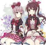  berukko black_legwear book brown_hair choker diantha_(granblue_fantasy) flower granblue_fantasy grey_eyes hair_ribbon idol linaria_(granblue_fantasy) long_hair multiple_girls pink_hair ribbon ribbon_choker rose skirt yellow_eyes 