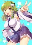  1girl blue_background blush breasts detached_sleeves frog_hair_ornament green_hair hair_ornament japanese_clothes kochiya_sanae large_breasts long_hair long_sleeves looking_at_viewer miko open_mouth outstretched_arm ponpoko shirt skirt smile snake_hair_ornament solo star touhou v wide_sleeves yellow_eyes 