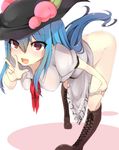  :d absurdres ass bent_over blue_hair boots bottomless breasts covered_nipples cross-laced_footwear dress fang food food_on_head fruit fruit_on_head full_body hat highres hiiragi_ken hinanawi_tenshi knee_boots lace-up_boots long_hair looking_at_viewer medium_breasts object_on_head open_mouth panties panty_pull peach puffy_sleeves red_eyes short_sleeves simple_background smile solo strip_tease touhou underwear undressing v w white_background white_panties 