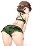  :o akiyama_yukari ass back bent_over bikini bikini_shorts blush brown_hair camouflage camouflage_bikini cowboy_shot from_behind girls_und_panzer hands_on_thighs inu_(aerodog) leaning_forward looking_at_viewer looking_back purple_eyes short_hair shorts simple_background solo swimsuit twitter_username white_background 