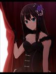  bare_shoulders black_gothic_dress_(idolmaster) breasts brown_hair choker cleavage collarbone curtain_grab curtains dress flower gloves green_eyes hair_flower hair_ornament idolmaster idolmaster_cinderella_girls letterboxed nakamura_hiro_(nobody10ch) shibuya_rin small_breasts smile solo 