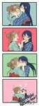  4koma absurdres blue_hair blush brown_hair closed_eyes comic english flower flying_sweatdrops forehead_kiss hair_flower hair_ornament hair_up hands_on_another's_head heart highres japanese_clothes jiyeong kimono kiss love_live! love_live!_school_idol_project minami_kotori multiple_girls open_mouth sonoda_umi steam sweat swoon yellow_eyes yuri 