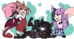  :d ;d animal_ears artist_request bat_wings black_hair black_sclera black_skin cat_ears cat_tail cheshire_cat_(monster_girl_encyclopedia) chibi claws dog_ears dress ear_piercing fangs fur grin hellhound highres long_hair manticore_(monster_girl_encyclopedia) monster_girl monster_girl_encyclopedia multicolored_hair multiple_girls one_eye_closed open_mouth orange_hair paws piercing pillow pillow_fight pink_eyes purple_hair red_eyes short_hair shorts simple_background smile source_request striped_tail tail two-tone_hair v-shaped_eyebrows wings yellow_eyes 