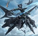  ace_combat ace_combat_x aerial_battle aircraft airplane armor battle bob_cut boots cloud commentary_request dogfight flying gloves headgear helmet highres jet_engine looking_at_viewer machinery mecha mecha_musume short_hair sky solo tom-neko_(zamudo_akiyuki) wings xr-45_cariburn 