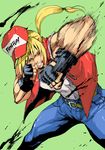 1boy baseball_cap blonde_hair denim fatal_fury fingerless_gloves gloves hair_down hat jacket jeans long_hair looking_at_viewer male_focus muscle pants ponytail punching solo tank_top terry_bogard the_king_of_fighters yellow_eyes 