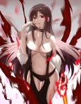  1girl bare_arms bare_chest bare_legs bare_shoulders black_choker black_panties blood blood_in_mouth blood_on_face bra breasts brown_hair choker collarbone commentary_request consort_yu_(fate) dress ear_piercing earrings fate/grand_order fate_(series) finger_to_face highres jewelry l.kili large_breasts long_hair looking_at_viewer navel panties piercing red_eyes revealing_clothes solo strapless strapless_bra strapless_dress underwear very_long_hair 