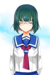  1girl artist_request breasts eyes_closed glasses green_hair haruchika school_uniform serizawa_naoko short_hair skirt 