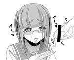  1girl blush cum facial glasses haruchika long_hair monochrome narushima_miyoko penis school_uniform 