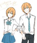  1girl :3 character_name eye_contact genderswap genderswap_(ftm) green_hair hand_on_hip hoshizora_rin looking_at_another love_live! love_live!_school_idol_project orange_hair otonokizaka_school_uniform school_uniform sofy thumb_in_pocket 