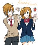  1girl :d blazer blue_eyes bow character_name egg food fruit genderswap genderswap_(ftm) hair_bow hair_ornament hairclip jacket kousaka_honoka love_live! love_live!_school_idol_project necktie one_side_up open_mouth orange_hair otonokizaka_school_uniform sandwich school_uniform smile sofy strawberry 