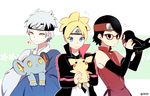  2boys black_hair blonde_hair blue_hair boruto:_naruto_the_movie crossover forehead_protector gen_2_pokemon gen_3_pokemon gen_4_pokemon glasses heart jacket mitsuki_(naruto) multiple_boys multiple_girls naruto naruto_(series) nipye pichu pokemon pokemon_(creature) shinx short_hair smile sweatdrop taillow twitter_username uchiha_sarada uzumaki_boruto yellow_eyes 