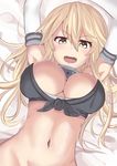  1girl armpits arms_up blonde_hair blush breasts cleavage groin hair_between_eyes highres iowa_(kantai_collection) kantai_collection large_breasts long_hair looking_at_viewer lying navel open_mouth shinta_(the-mattyaman) solo yellow_eyes 