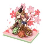  brown_hair cherry_blossoms closed_eyes crown fan folding_fan head_on_head head_rest hina_ningyou hinamatsuri hoshizora_rin japanese_clothes kimono koizumi_hanayo love_live! love_live!_school_idol_project multiple_girls orange_hair purple_eyes saishi seiza shipii_(jigglypuff) short_hair sitting smile wide_sleeves 