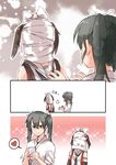  bare_shoulders bow cellphone colorized comic covered_face grey_hair hair_ornament heart japanese_clothes kantai_collection long_hair multiple_girls necktie okinu_(okinu_dane) phone remodel_(kantai_collection) scarf sendai_(kantai_collection) short_hair silent_comic sleeveless smartphone spoken_heart twintails two_side_up zuikaku_(kantai_collection) 