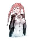  :&lt; between_breasts breasts cape covered_nipples dicorndl groin hand_on_own_chest highres large_breasts looking_to_the_side naked_cape navel simple_background sketch solo sweat twintails white_background 