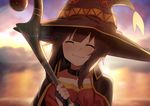  ^_^ backlighting blurry blush bokeh brown_hair cape closed_eyes collar dacchi depth_of_field facing_viewer fingerless_gloves flat_chest gloves hat highres kono_subarashii_sekai_ni_shukufuku_wo! lens_flare megumin smile solo staff sunset witch_hat 