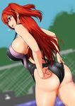  :d ass blurry blush bol_(liliymimi) breasts commentary_request competition_swimsuit cowboy_shot depth_of_field large_breasts long_hair naruse_mio one-piece_swimsuit open_mouth red_eyes red_hair shinmai_maou_no_testament sideboob skindentation smile solo swimsuit swimsuit_pull twintails two_side_up wet 