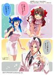  2girls akiyama_(yamagoya) arima_miyako black_hair blue_eyes blue_hair bow brown_hair chinese_clothes crossover doctor dress green_eyes hair_bow hat hospital labcoat long_hair m.u.g.e.n melty_blood multicolored_hair multiple_girls nurse nurse_cap open_mouth ribbon sachiel_(mugen) sayia_falnuss short_hair silver_hair stethoscope tsukihime white_hair 