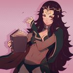  black_hair book breasts circlet cleavage facial_tattoo fire_emblem fire_emblem_if koyorin long_hair looking_at_viewer navel nyx_(fire_emblem_if) red_eyes see-through sleeves_past_wrists small_breasts solo tattoo very_long_hair watermark web_address 