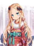  1girl abigail_williams_(fate/grand_order) alternate_costume black_bow blonde_hair blue_bow blue_eyes blurry blurry_background blush bow closed_mouth commentary_request depth_of_field fate/grand_order fate_(series) floral_print flower forehead fur_collar hair_bow head_tilt highres holding japanese_clothes kimono long_hair long_sleeves looking_at_viewer obi orange_bow pink_flower polka_dot polka_dot_bow print_kimono red_kimono sash shimokirin smile solo stuffed_animal stuffed_toy suction_cups teddy_bear tentacle upper_body very_long_hair wide_sleeves 