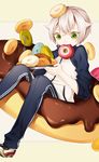  bad_id bad_pixiv_id doughnut food fork green_eyes highres hotarumaru male_focus mouth_hold plate silver_hair solo touken_ranbu track_suit zaro 