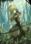  ahoge animal_ears arched_back armband atalanta_(fate) blonde_hair fate/apocrypha fate_(series) forest gloves gradient_hair green_eyes highres kaze_minoru_so-ru long_hair looking_at_viewer multicolored_hair nature puffy_sleeves solo tail tree 