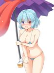  bikini blue_bikini blue_hair blush breasts collarbone embarrassed heterochromia highres karakasa_obake large_breasts looking_at_viewer micro_bikini navel open_mouth shy solo swimsuit tatara_kogasa tears touhou umbrella yuu_(yu0221f) 