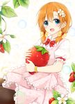  alternate_hairstyle bad_id bad_pixiv_id black_legwear blue_eyes bow bubble dress flower food frilled_dress frills fruit hair_bow hair_flower hair_ornament holding holding_food holding_fruit kousaka_honoka looking_at_viewer love_live! love_live!_school_idol_project open_mouth orange_hair pantyhose shiina_kuro smile solo strawberry 