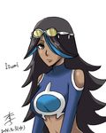  1girl artist_request bare_shoulders black_hair blue_eyes breasts dark_skin goggles hair_over_one_eye izumi_(pokemon) izumi_(pokemon)_(remake) lips long_hair multicolored_hair navel pokemon pokemon_oras 