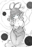  blue_eyes breasts cleavage collarbone curvy dress energy flower greyscale hagoromo hair_ornament hair_stick head_tilt highres hips kaku_seiga large_breasts lips looking_at_viewer monochrome neck no_nose open_clothes open_vest raptor7 seductive_smile shawl short_hair sketch smile solo spot_color taut_clothes taut_dress thighs touhou vest 
