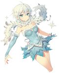  ahoge anastasia_(idolmaster) aqua_dress bare_shoulders blue_eyes breasts cleavage detached_sleeves dress fur-trimmed_sleeves fur_trim gloves idolmaster idolmaster_cinderella_girls medium_breasts print_dress print_sleeves ronopu single_detached_sleeve single_glove snowflake_print solo white_background white_hair 