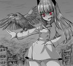  bird coat grete_m_gollob grin liar_lawyer long_hair monochrome raven red_eyes ruins smile strike_witches 