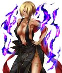  armpits aura bare_shoulders black_dress blonde_hair blue_rabbit bracelet breasts choker cleavage commentary_request covered_nipples dark_skin dress facial_mark gara_ayuri hair_over_one_eye hand_on_hip highres jewelry large_breasts red_eyes revealing_clothes shawl short_hair side_slit sideboob sleeveless solo taimanin_(series) taimanin_asagi_kessen_arena tattoo white_background 