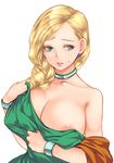  aida_mai areola_slip areolae bianca blonde_hair bracelet braid breasts choker cleavage collarbone dragon_quest dragon_quest_v dress earrings eyebrows green_dress green_eyes jewelry large_breasts lips long_hair parted_lips simple_background solo sweatdrop upper_body white_background 