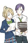  1girl ayase_eli blazer blonde_hair blue_eyes book genderswap genderswap_(ftm) green_eyes hetero jacket love_live! love_live!_school_idol_project otonokizaka_school_uniform paper ponytail purple_hair school_uniform sofy toujou_nozomi 