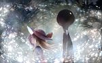  bow bowtie brown_hair commentary deemo deemo_(character) dress girl_(deemo) height_difference highres long_hair looking_up sishenfan tree 