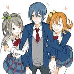  2girls :d ^_^ blazer blue_hair blush brown_hair closed_eyes double_arm_hug genderswap genderswap_(ftm) girl_sandwich grey_hair heart hetero jacket kousaka_honoka locked_arms love_live! love_live!_school_idol_project minami_kotori multiple_girls open_mouth otonokizaka_school_uniform sandwiched school_uniform skirt smile sofy sonoda_umi sweatdrop yellow_eyes 