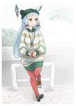 ajino_(sakanahen) anchor can casual hat headgear jewelry kantai_collection long_hair murakumo_(kantai_collection) necklace orange_eyes pantyhose red_legwear road shirt shoes sneakers soda_can solo street striped striped_sweater sweater white_hair 