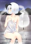  collarbone green_eyes hair_ribbon highres konpaku_youmu konpaku_youmu_(ghost) naked_towel night nigo_(aozoragarou) onsen ribbon short_hair silver_hair sitting smile soaking_feet solo touhou towel twitter_username wet 