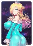  aqua_dress aqua_eyes ass bare_shoulders blonde_hair breasts covered_nipples crown dress hair_over_one_eye huge_breasts long_hair long_sleeves looking_at_viewer mario_(series) nagase_haruhito rosetta_(mario) see-through solo super_mario_bros. super_mario_galaxy 